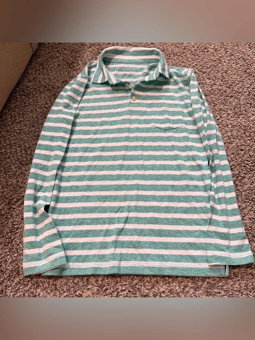 Boy’s Crewcuts Mint Green & White Striped Long-Sleeve Polo size medium